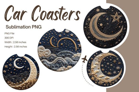3D Moon Star Embroidery Car Coaster PNG