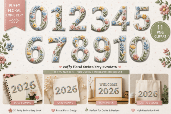 Puffy Floral Embroidery Numbers 0-10