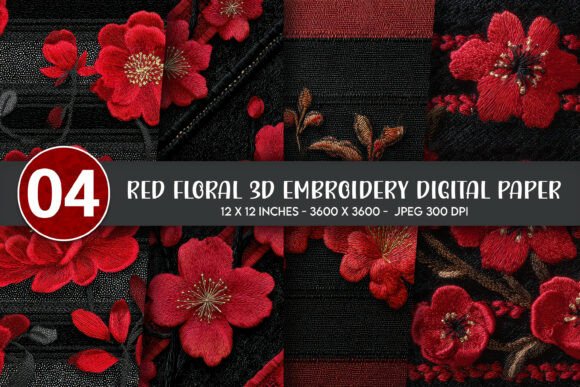 Red Floral 3D Embroidery Digital Paper