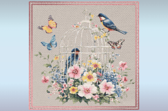 Spring Floral Birdcage Cross Stitch Patt
